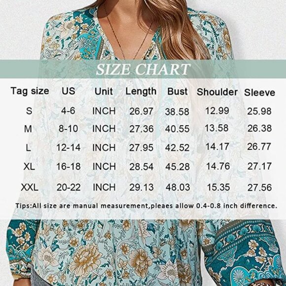 Blue Boho‎ Floral Printed Tie V-Neck Loose Flowy Long Sleeve Top Blouse - Picture 5 of 6